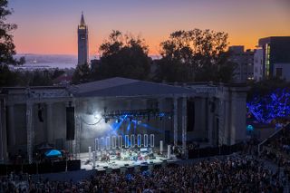 A band performs at sunset on the stage at the Greek Theater in Berkeley, California