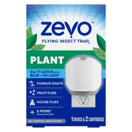 Zevo Plant Flying Insect Indoor Fly Trap: Easy &amp;amp; Mess-Free, Use Near Indoor House Plants - Light Trap Catches &amp;amp; Kills Fungus Gnats, House Flies, &amp;amp; Fruit Flies (1 Plug in Device &amp;amp; 2 Cartridges)