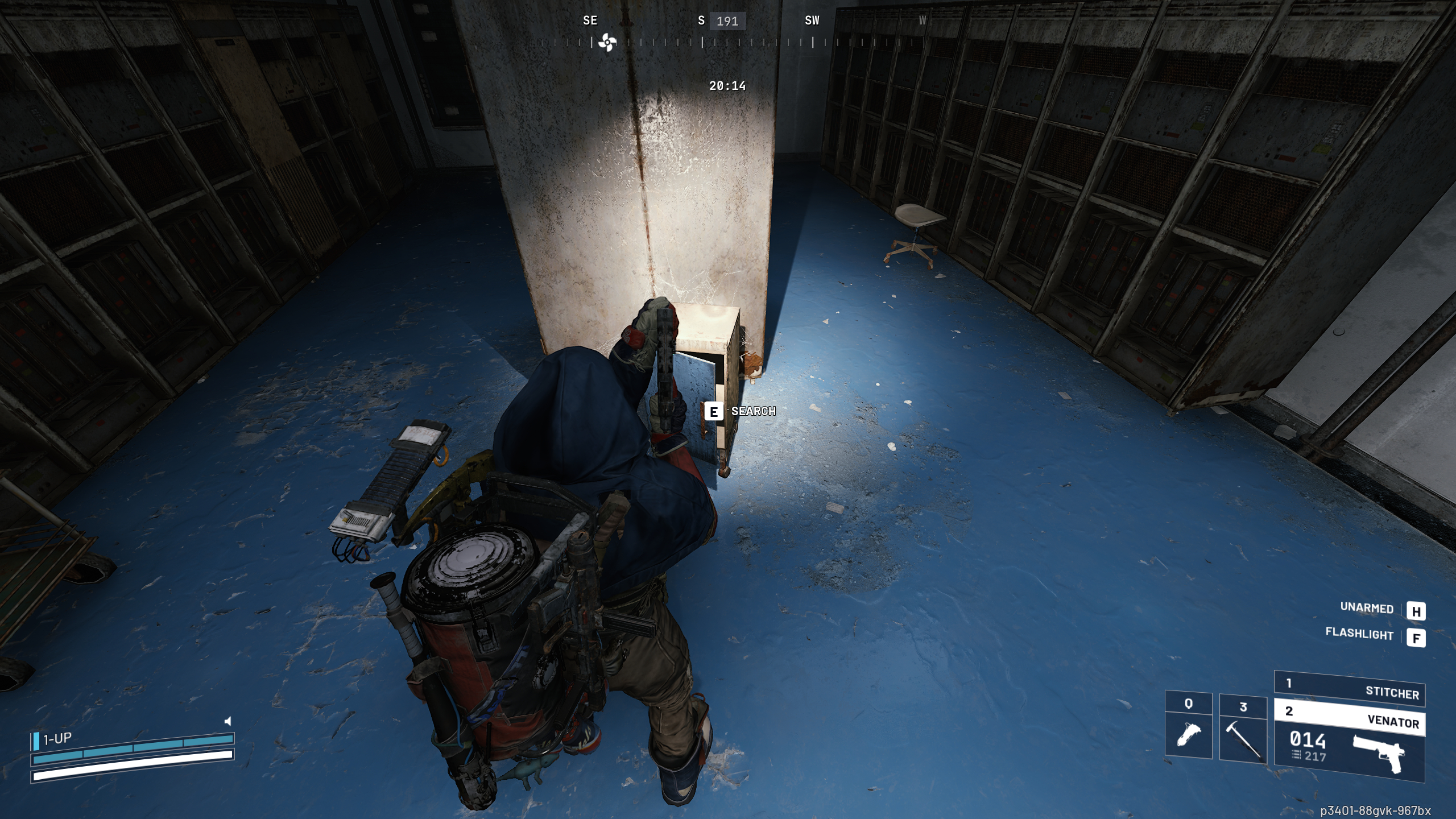 Arc Raiders Geiger Counter: A player looking at a small blue cabinet a dark workshop using a flashlight.