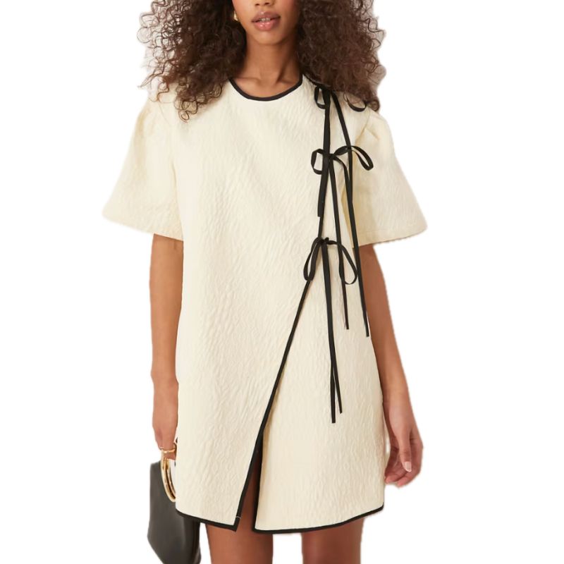 Ghospell, Asymmetric Contrast Bow Mini Dress 