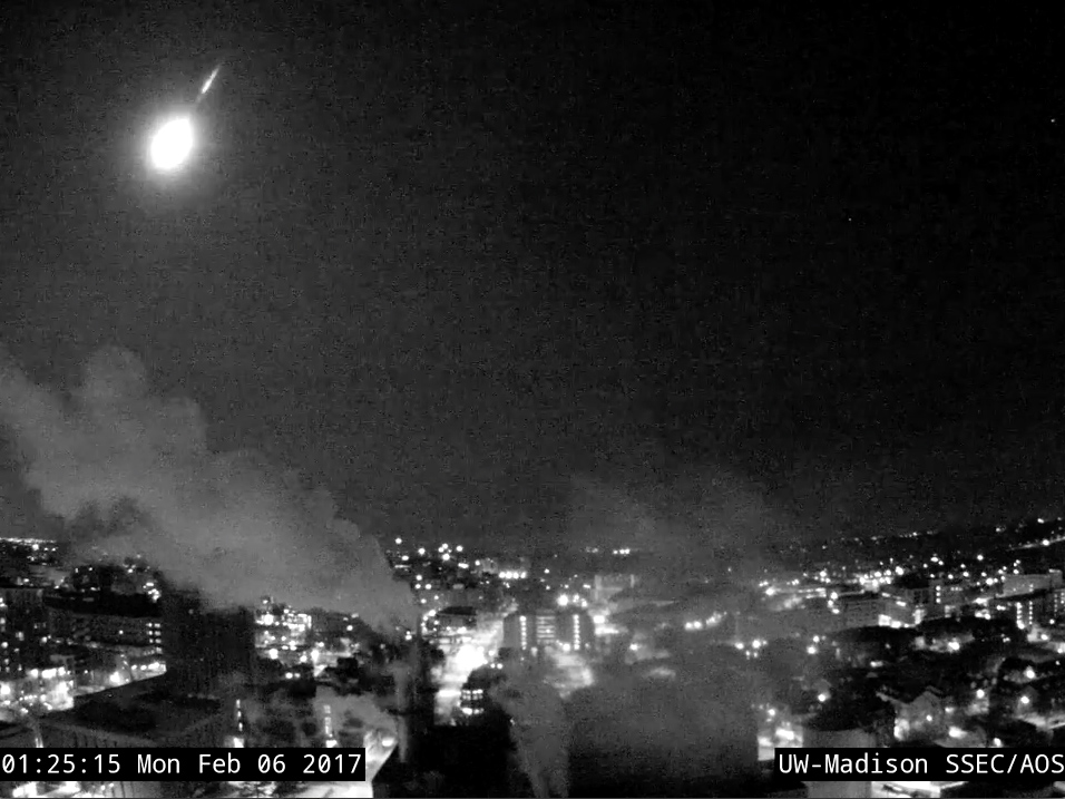 A very bright meteor blazed through the skies over Lake Michigan at around 1:25 a.m. local time on Feb. 6, 2017. The fireball&#039;s flight was captured by a camera on the campus of the University of Wisconsin-Madison. 