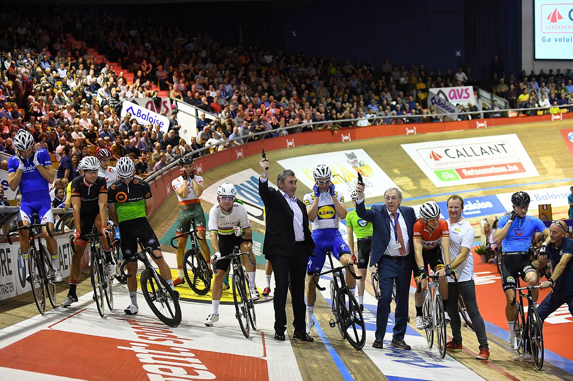 Eddy Merckx and Patrick Sercu fire the start pistols for the opening night of the 2016 Gent Six Day