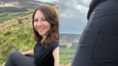 Susan Griffin wearing Acai Women's Max Stretch Skinny Outdoor Trousers, a pair of hiking trousers for women