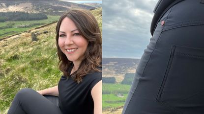 Susan Griffin wearing Acai Women's Max Stretch Skinny Outdoor Trousers, a pair of hiking trousers for women