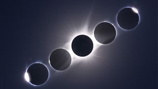 A composite of the August 21, 2017 total eclipse of the sun, showing the second and third contact diamond rings and Baily’s Beads at the start left and end right of totality, flanking a composite image of totality itself The diamond ring and Baily’s Beads images are single images