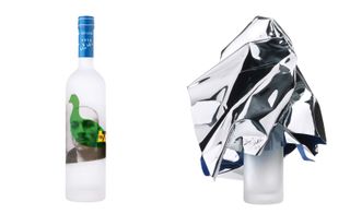 Left: Dylan Jones, menswear chair of the British Fashion Council used an image of himself as a young student. Right: design duo Fredrikson Stallard cloaked their bottle in a sheet of crumpled aluminium in a nod to their sculptural creations