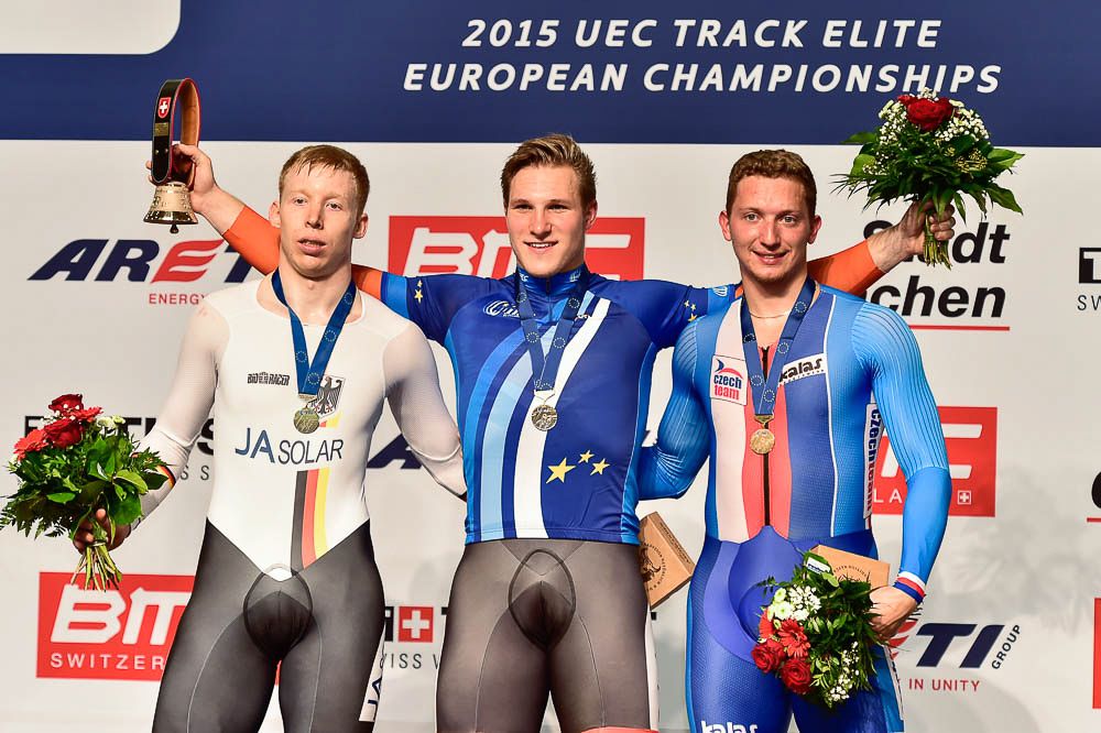(L-R) Joachim Eilers (Germany), Jeffrey Hoogland (Netherlands) and Robin Wagner (Czech Republic) and the 1km TT podium