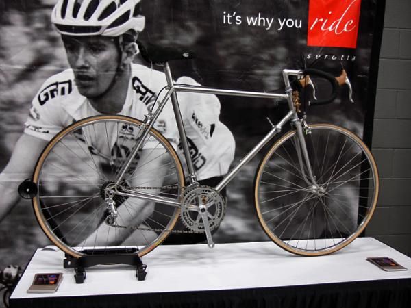 "La Femme Fatale" was a joint collaboration between Ben Serotta and his sister, Marcie, who carved the lugs and created the bronze figurines that decorate the bottom bracket and head tube areas. Originally shown at the New York City Bike Show in the 1970s, the bike was recently restored to this showroom condition.