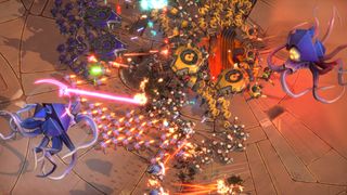 Robot armies clash beneath two large alien krakens in Battle Aces.