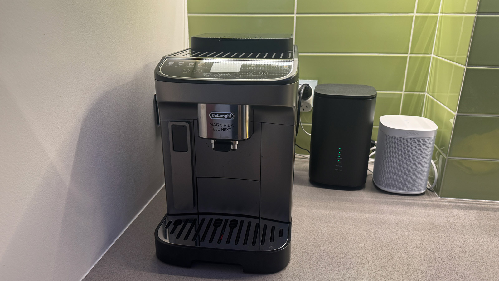 De&#039;Longhi Magnifica Evo Next coffee machine on a kitchen counter top.