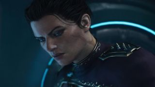 Doom: The Dark Ages Ancestral Forge secrets and collectibles - A close-up shot of Thira looking down with a serious facial expression.