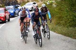 ROCCARASO ITALY OCTOBER 11 Mikkel Bjerg of Denmark and UAE Team Emirates Jonathan Castroviejo of Spain and Team INEOS Grenadiers Larry Warbasse of The United States and Team Ag2R La Mondiale Breakaway during the 103rd Giro dItalia 2020 Stage 9 a 207km stage from San Salvo to Roccaraso Aremogna 1658m girodiitalia Giro on October 11 2020 in Roccaraso Italy Photo by Tim de WaeleGetty Images