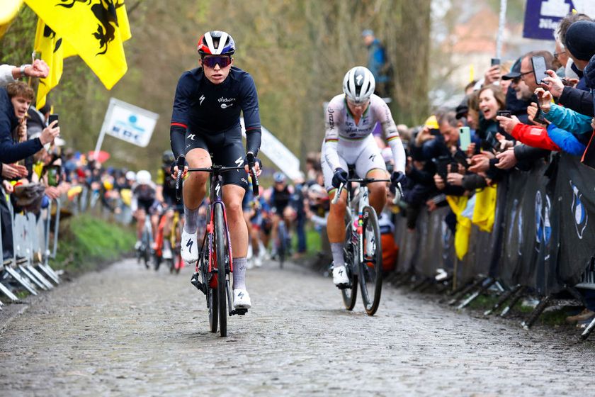 OUDENAARDE BELGIUM MARCH 31 LR Demi Vollering of The Netherlands and Lotte Kopecky of Belgium and Team SD Worx Protime compete passing through the Koppenberg cobblestones sector during the 21st Ronde van Vlaanderen Tour des Flandres 2024 Womens Elite a 163km one day race from Oudenaarde to Oudenaarde UCIWWT on March 31 2024 in Oudenaarde Belgium Photo by Rafa Gomez PoolGetty Images