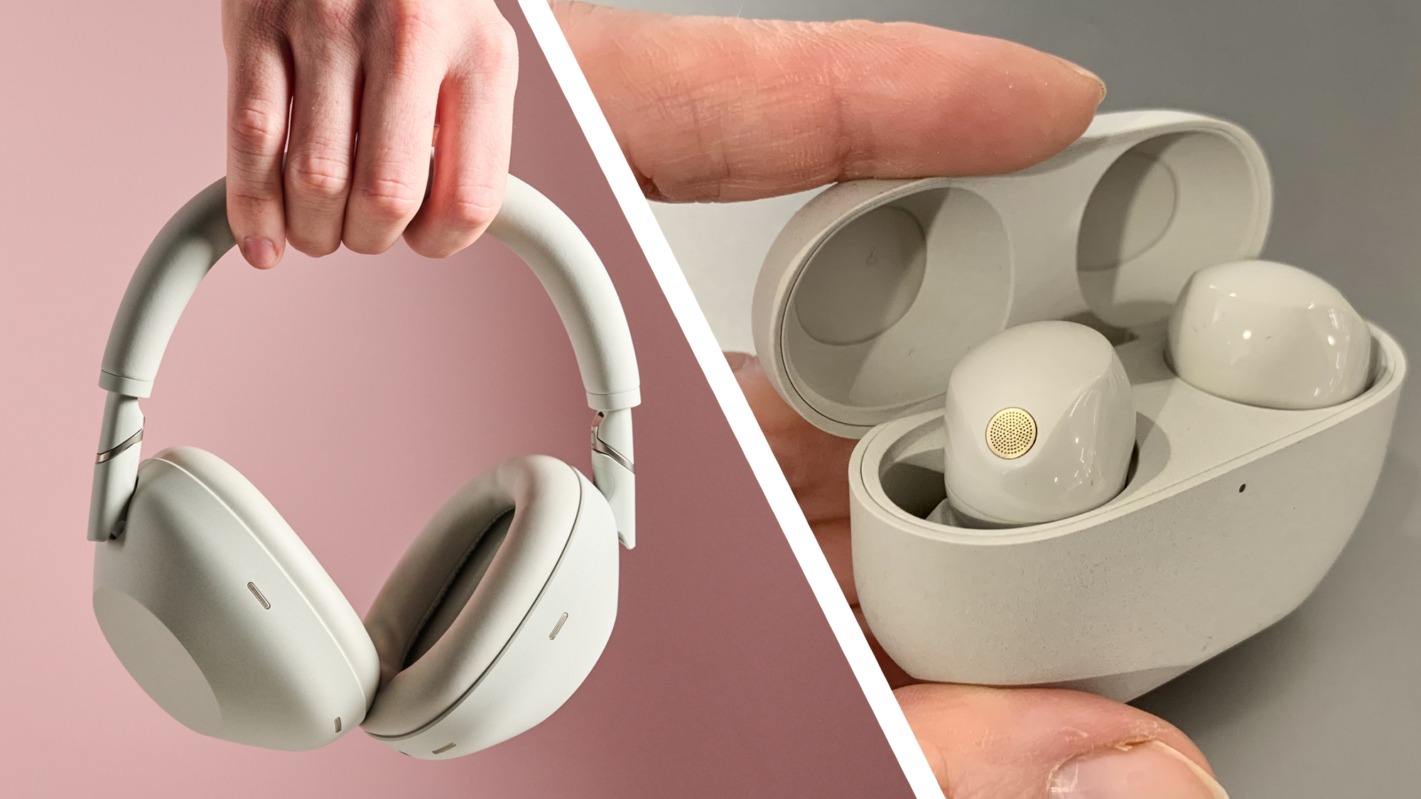 The Sony WH-1000XM6 held in a man&#039;s hand, and the Sony WF-1000XM5 earbuds in their case, held in a woman&#039;s hand