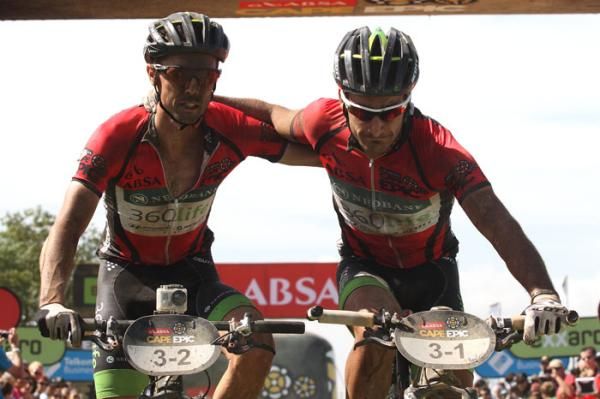 David George of 360Life and Kevin Evans 360Life embrace after finishing second on stage 4