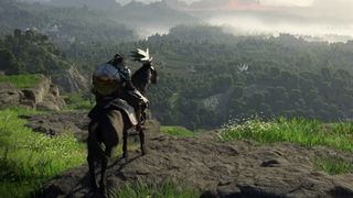 Macduff on his horse looking at the landscape of Pywel in Crimson Desert.