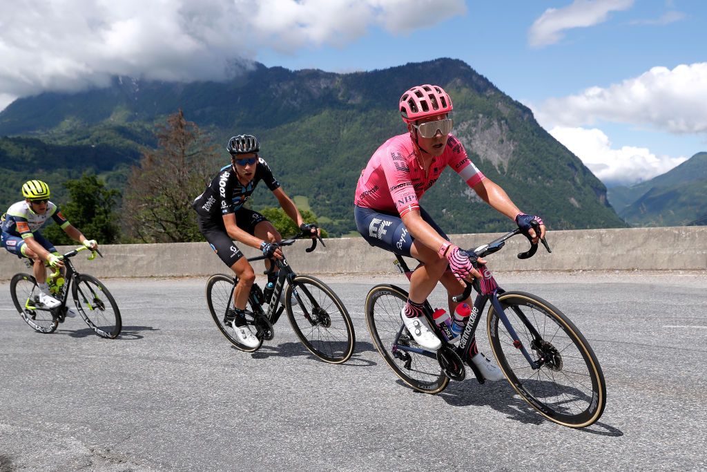 LES GETS FRANCE JUNE 06 Martijn Tusveld of Netherlands and Team DSM Michael Valgren Andersen of Denmark and Team EF Education Nippo in the Breakaway during the 73rd Critrium du Dauphin 2021 Stage 8 a 147km stage from La LchreLesBains to Les Gets 1160m UCIworldtour Dauphin dauphine on June 06 2021 in Les Gets France Photo by Bas CzerwinskiGetty Images