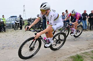 Lotte Kopecky on her way to winning Paris-Roubaix Femmes 2024