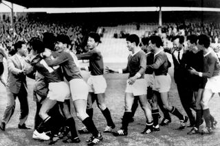 North Korean players celebrate after beating Italy at the 1966 World Cup.