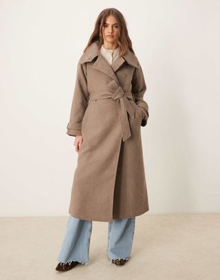 Gina Tricot Wool Blend Belted Midaxi Coat With Funnel Neck Detail in Beige