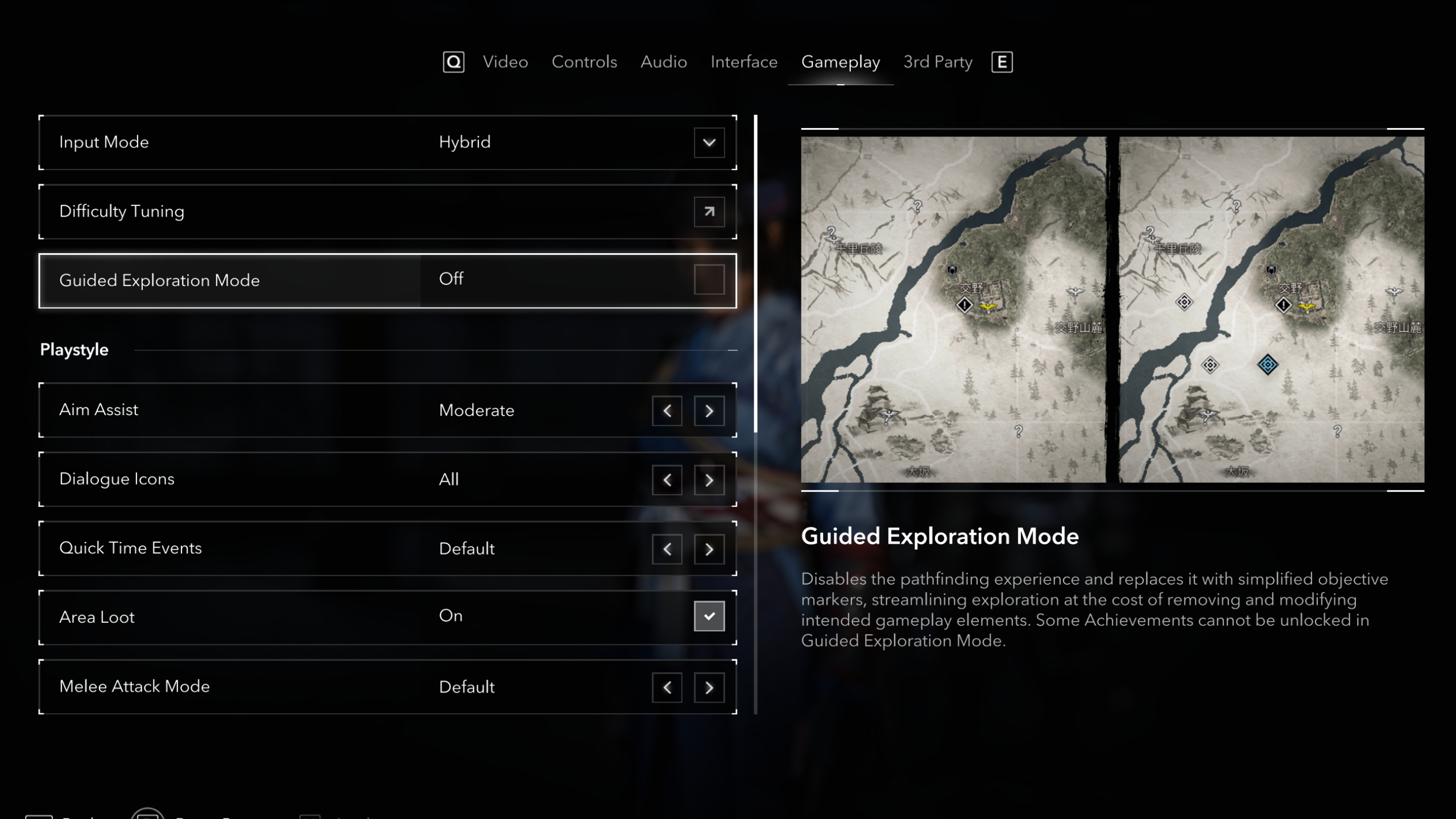 Assassin's Creed Shadows guided exploration - The setting to enable this mode in the options menu.