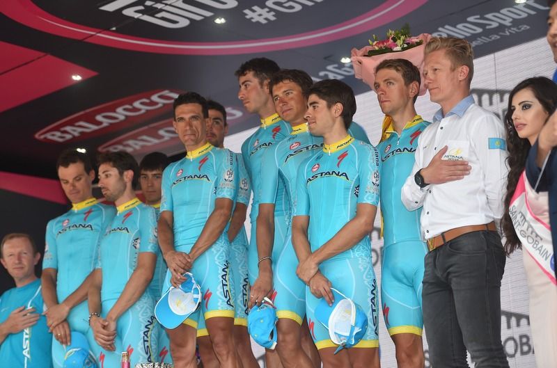 The Astana team celebrate winning the team classification