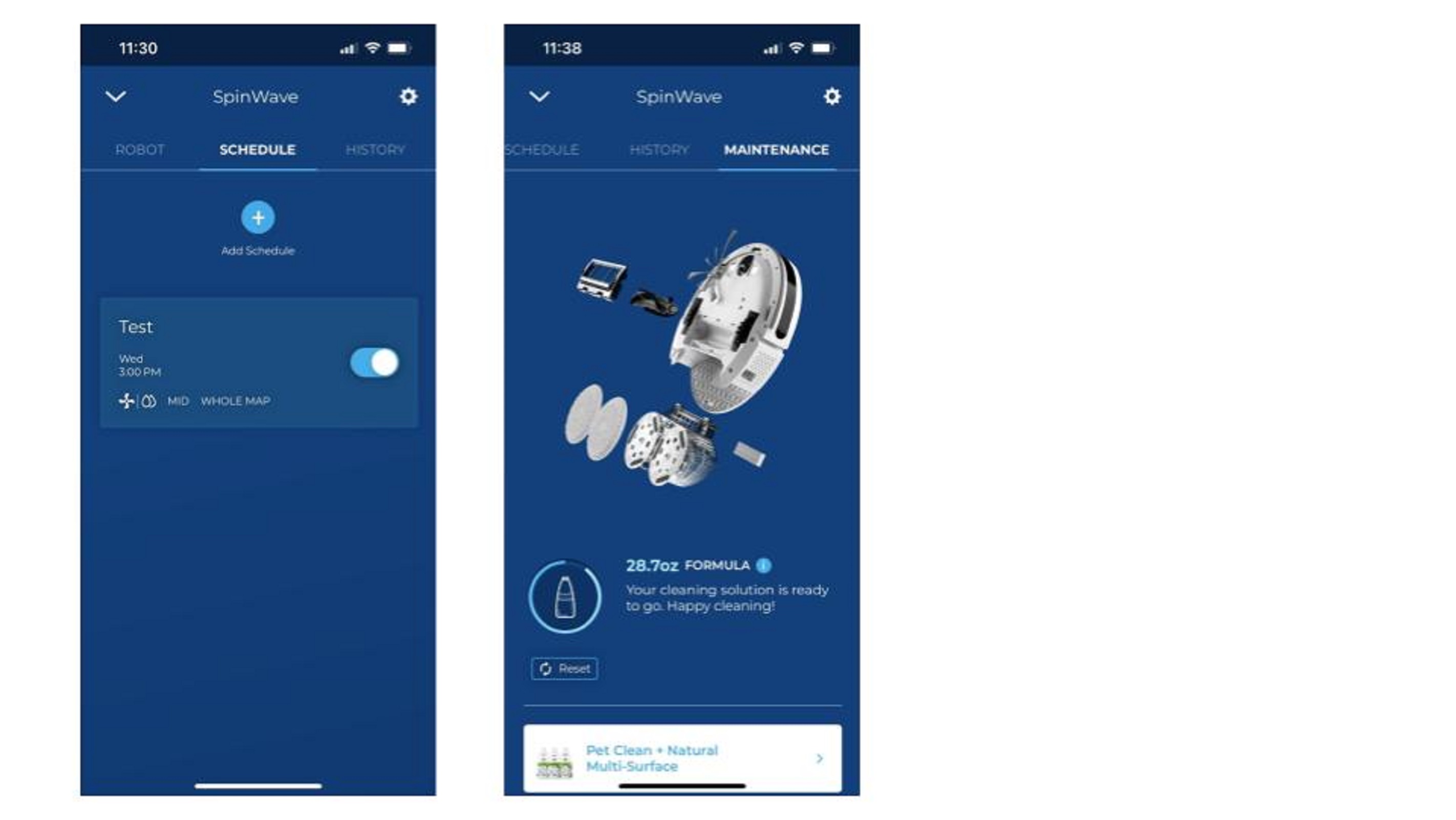 scheduling and maintenance in the bissell spinwave app