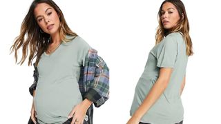 Model wears sage v-neck maternity t-shirt