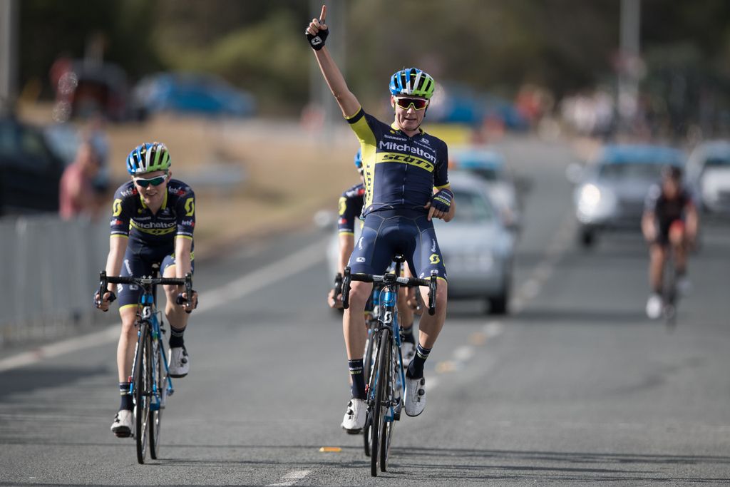 Mitchelton-Scott's Lucas Hamilton celebrates his victory