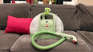 Bissell Little Green Multi-Purpose Portable Carpet & Upholstery Cleaner being tested in writer's home