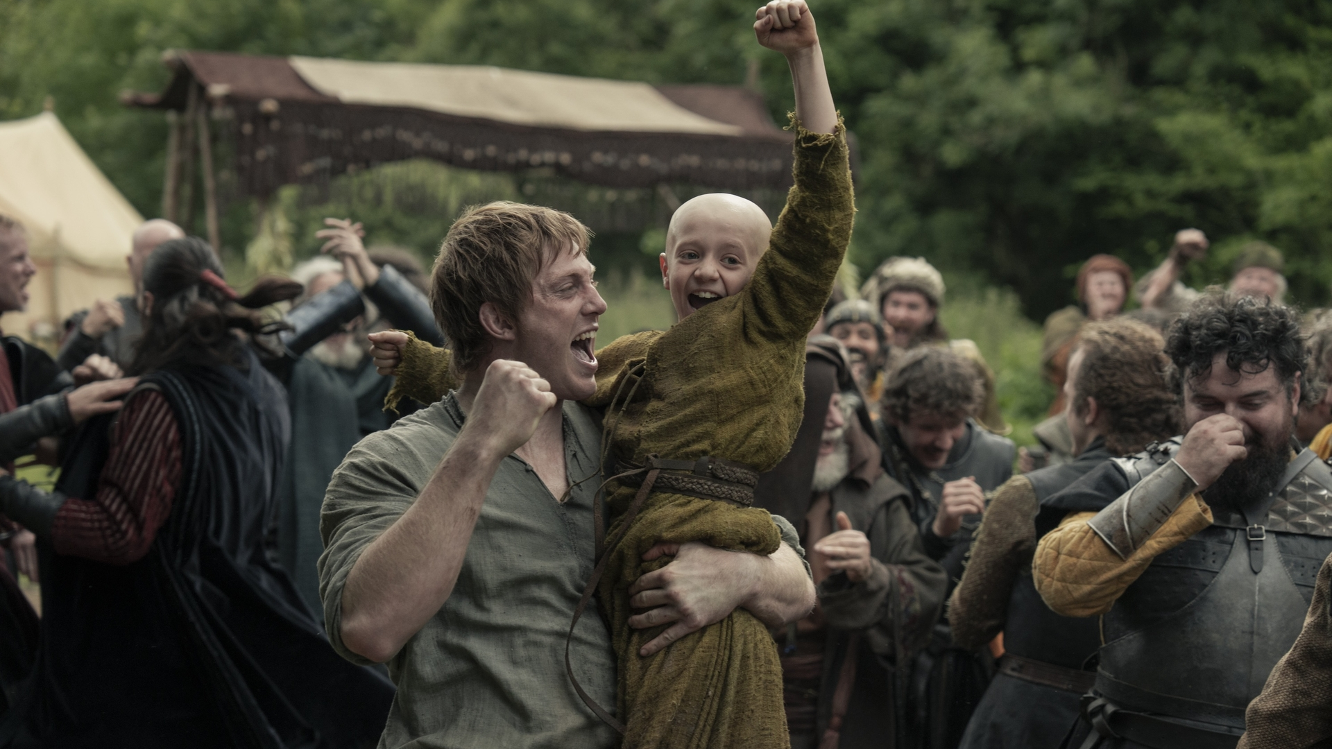 Dunk (Peter Claffey) and Egg (Dexter Sol Ansell) cheer in a scene from "A Knight of the Seven Kingdoms"