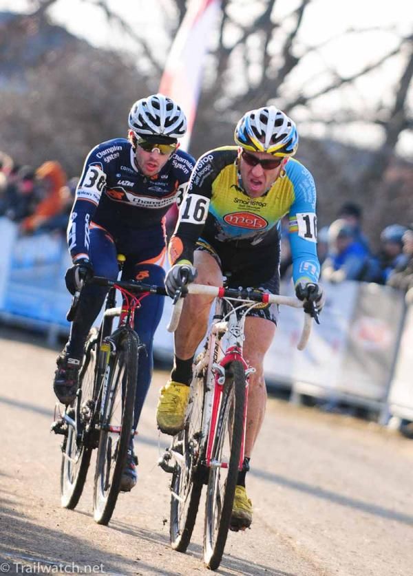 Adam Myerson (SmartStop-Mock Orange Bikes p/b Ridley) leading Nick Keough with one lap to go