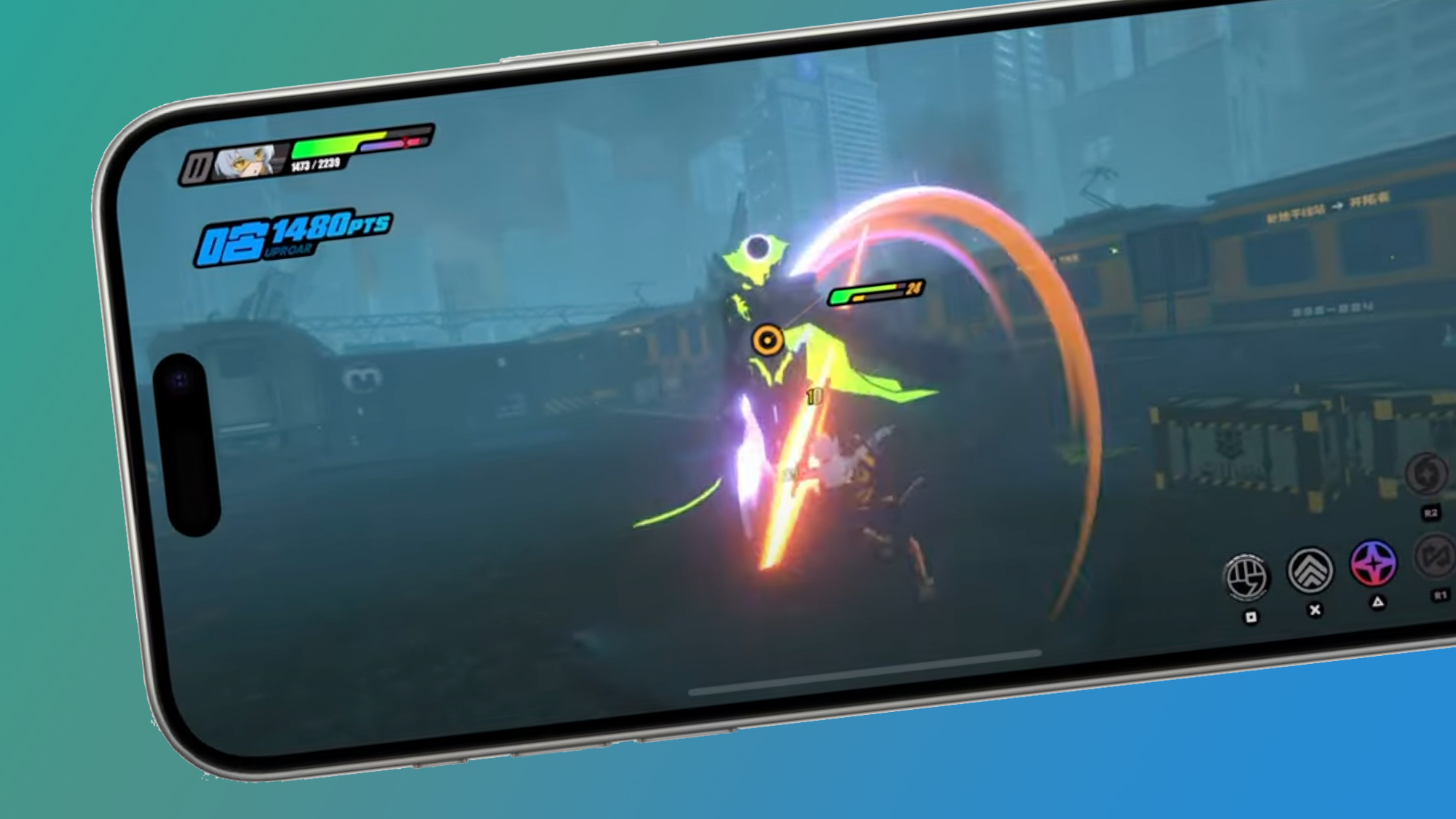 An iPhone on a green and blue background showing a combat video game.