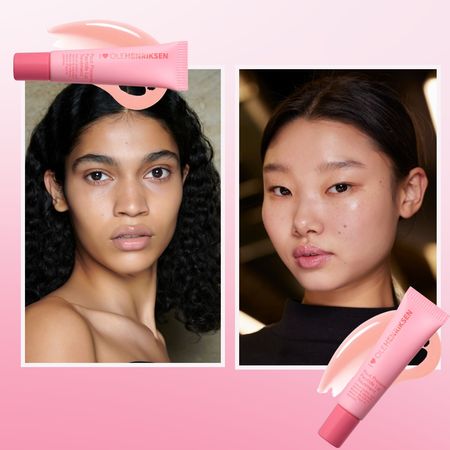 models with glossy lips on a pink background with ole henriksen pout preserve