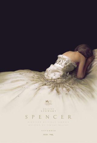 The movie poster for Spencer. The poster features a woman crying into a large cream dress.