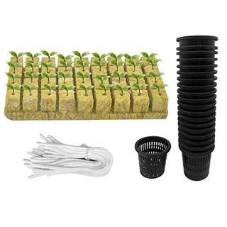 Iceyyyy 76pcs Hydroponics Mesh Net Cup Kit - 20 Packs 2 Inches Slotted Mesh Net Pot Cups, 36packs 1.5x1.5x1.5inch Stonewool Starter Plugs, 20 Article Self Watering Cotton Wick Cord for Hydroponics