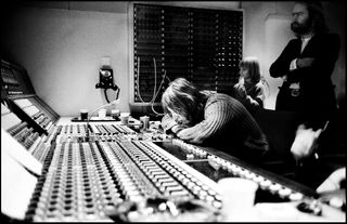 Roger Waters, Roy Harper and Roy's son listen to a playback at Abbey Road in 1975. Roy was guest vocalist on Have a Cigar. A friend of Gilmour, he was recording his own album in Abbey Road and popped in to say hello.