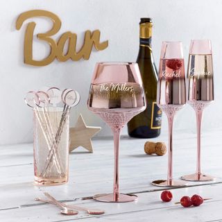 personalised rose gold champagne flutes with barware
