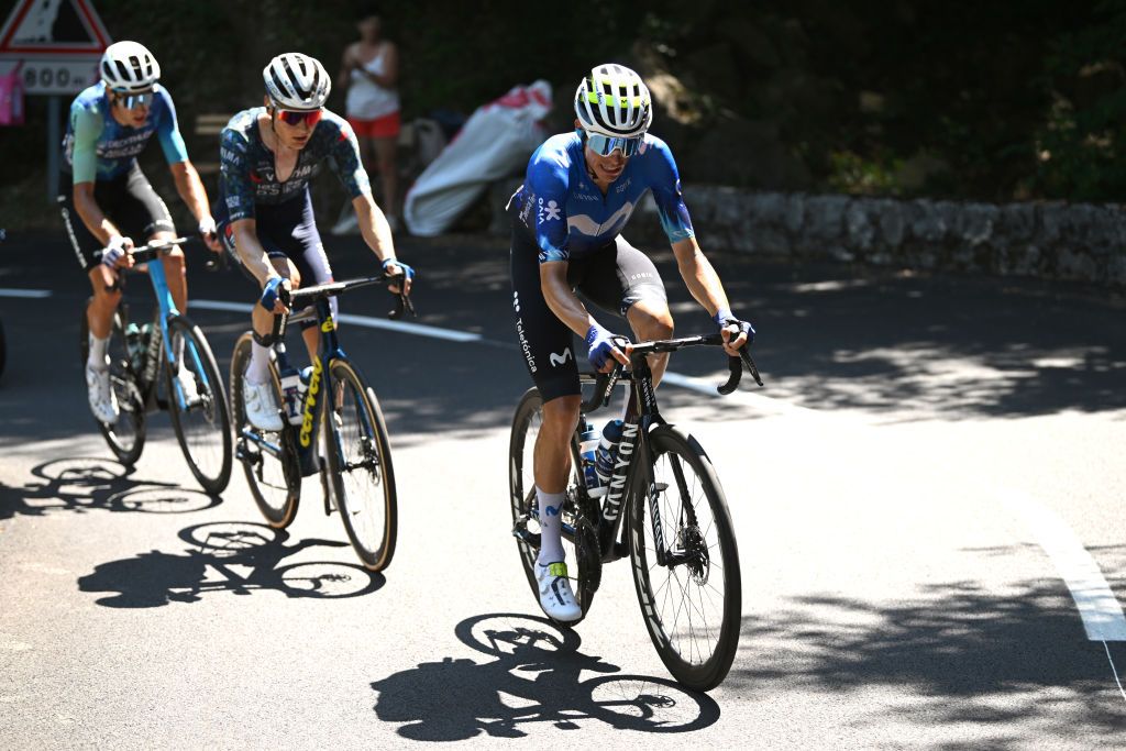 NICE FRANCE JULY 20 Enric Mas of Spain and Movistar Team competes in the breakaway during the 111th Tour de France 2024 Stage 20 a 1328km stage from Nice to Col de la Couillole 1676m UCIWT on July 20 2024 in Nice France Photo by Dario BelingheriGetty Images