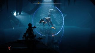 Aloy stands in front of a menacing Tideripper incased in a forcefield.