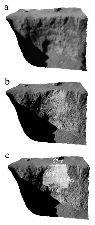 Comet 67P's Aswan cliff before and after the collapse; (c) shows the detached overhang's dimensions.