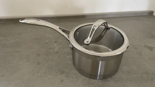 A milkpan from the ProCook Professional Stainless Steel Uncoated Cookware Set