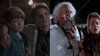 A split photo with two of the Goonies on the left and Doc and Marty from Back to the Future on the right