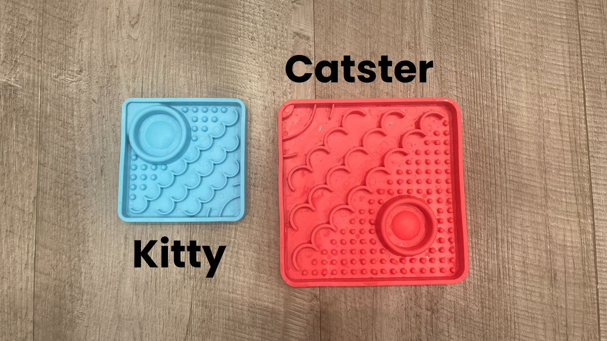 LickiMatt Kitty vs Catster size comparison, two of the best cat puzzle feeders