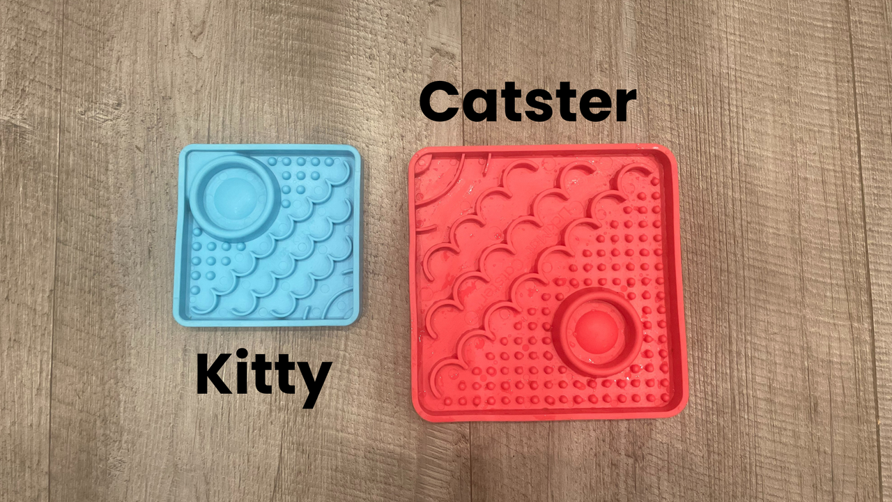 LickiMatt Kitty vs Catster size comparison, two of the best cat puzzle feeders