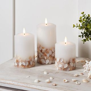 Three white flameless candles with a sea shells at the base.