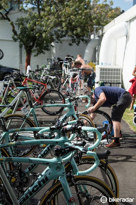 The Tour Down Under is unique in that it places all teams together in one giant marquee. Normally the teams have their own team buses and plenty more space to work