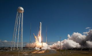 The Orbital Sciences Corporation Antares rocket, with the Cygnus cargo spacecraft aboard, is seen as it launches from Pad-0A of the Mid-Atlantic Regional Spaceport (MARS), Wednesday, Sept. 18, 2013, NASA Wallops Flight Facility, Virginia. Cygnus is on its way to rendezvous with the space station.