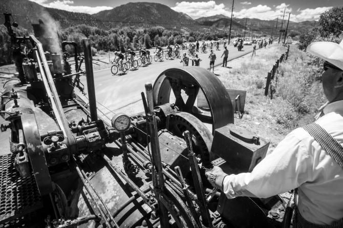 An old timey view of stage 3 of the USA Pro Challenge from Gunnison to Monarch Mountain