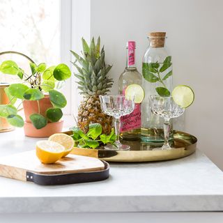white cabinet with drinks and plants